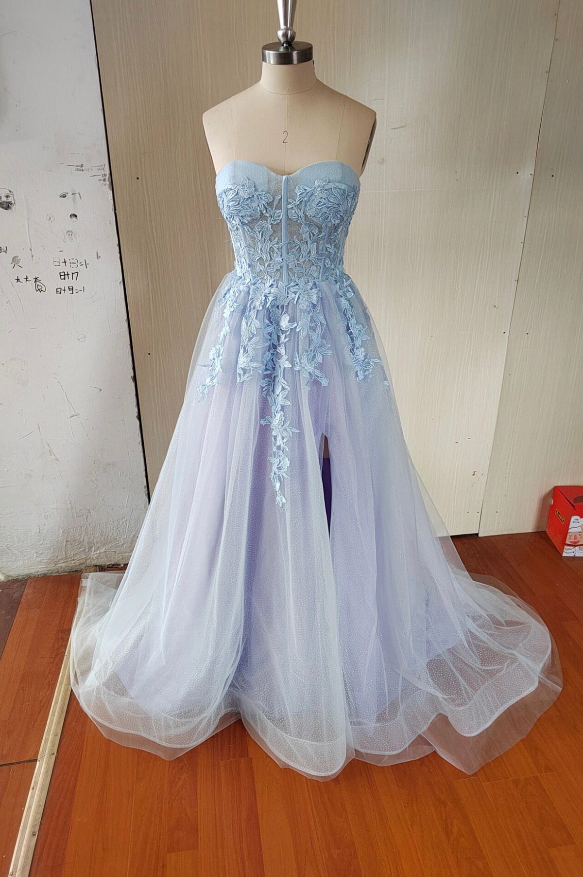 Blue Tulle Lace Long Prom Dress, Blue Strapless Evening Dress with Slit
