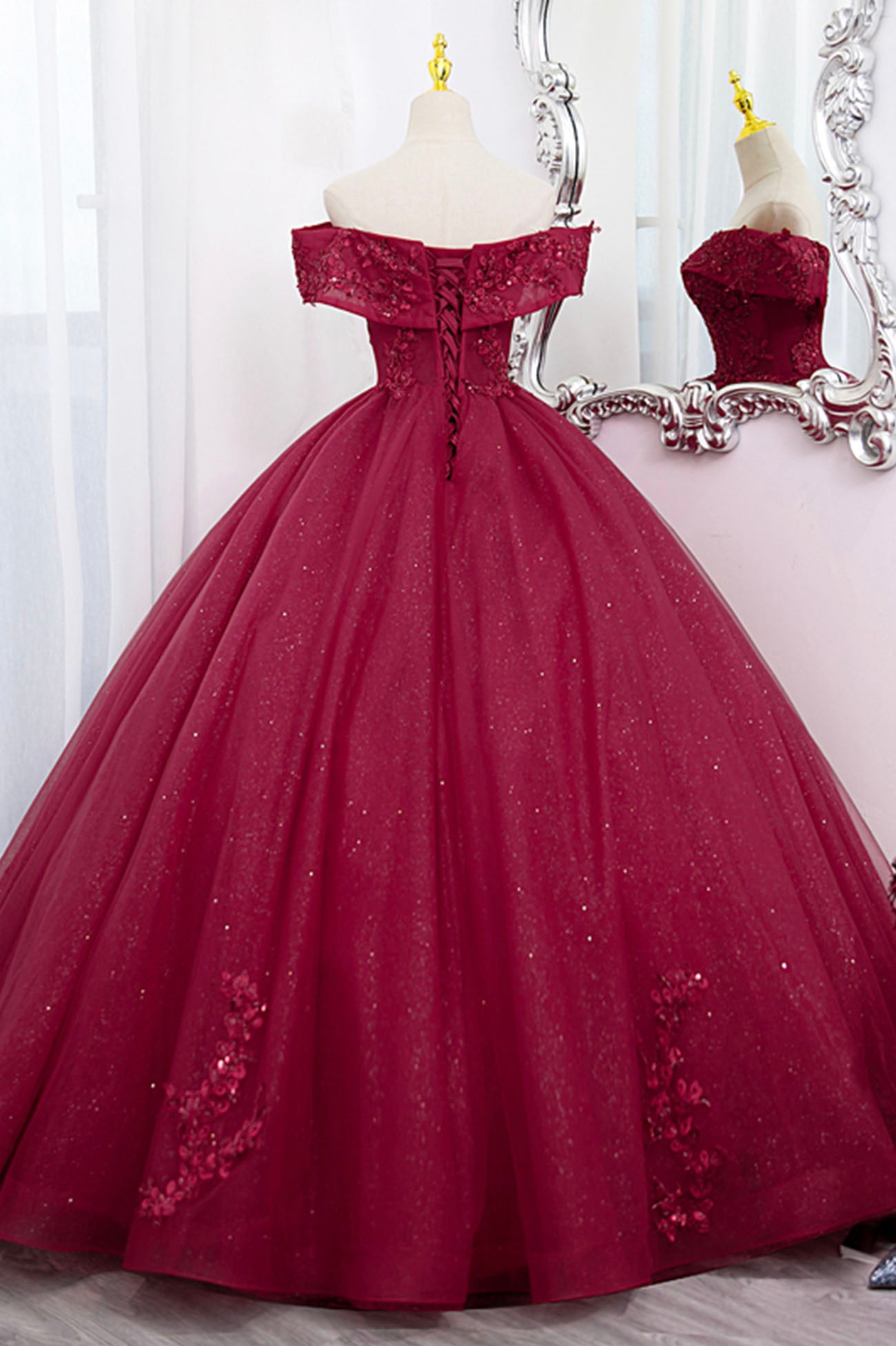 Burgundy Sweet 16 Formal Gown with Lace, Off the Shoulder Prom Dress P