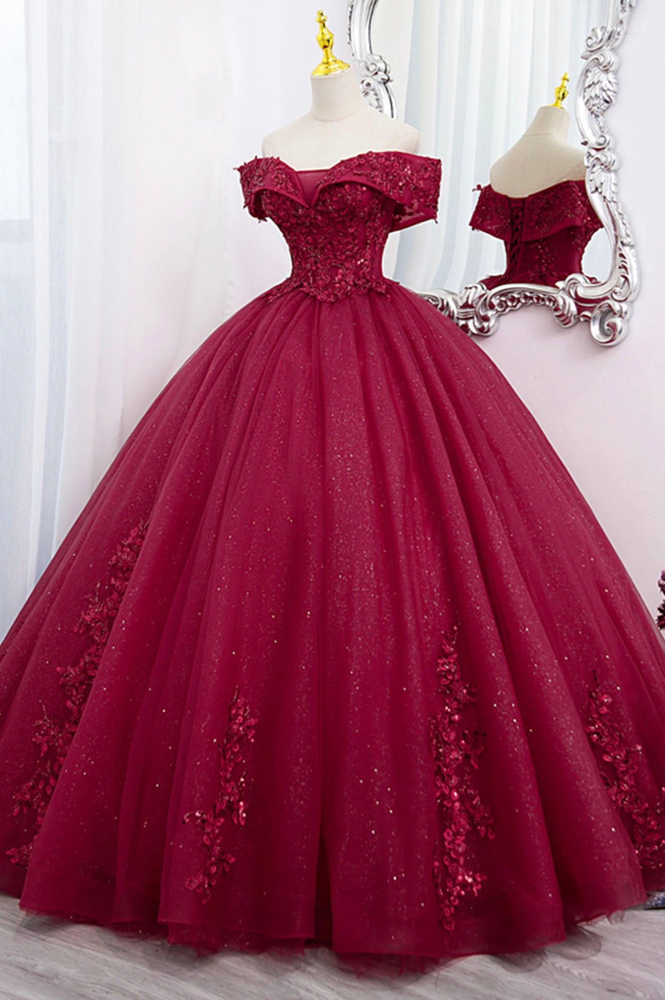 Burgundy Sweet 16 Formal Gown with Lace, Off the Shoulder Prom Dress P Burgundy Sweet 16 Formal Gown with Lace, Off the Shoulder Prom Dress P