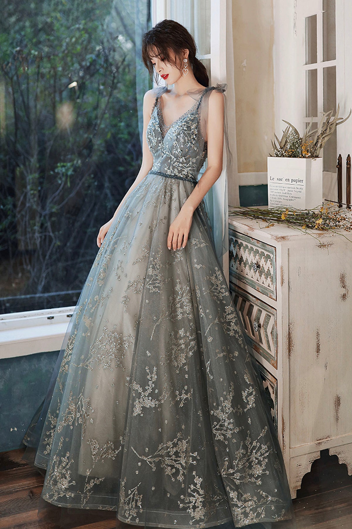 Gray V-Neck Tulle Long Prom Dress with Sequins, A-Line Graduation Dress