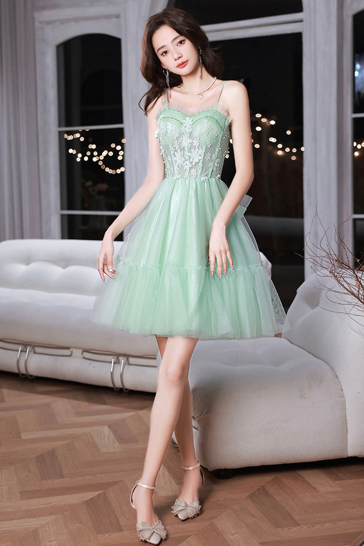 Mint Green Sweetheart Tulle Lace Straps Homecoming Dress, Green Prom D Mint Green Sweetheart Tulle Lace Straps Homecoming Dress, Green Prom D