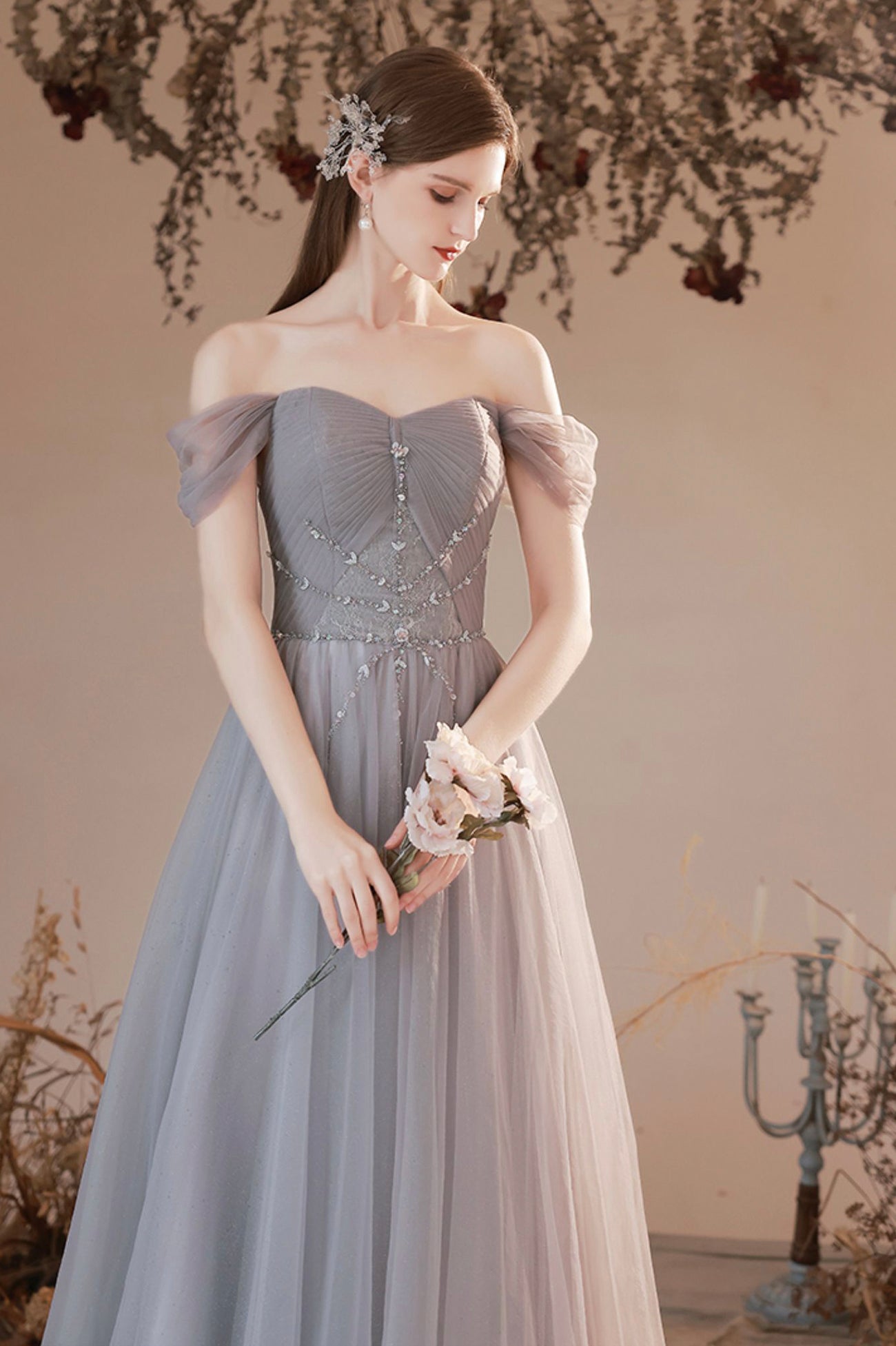 Gray Beaded Sweetheart Long Evening Prom Dress, Beautiful Gray Party Dress
