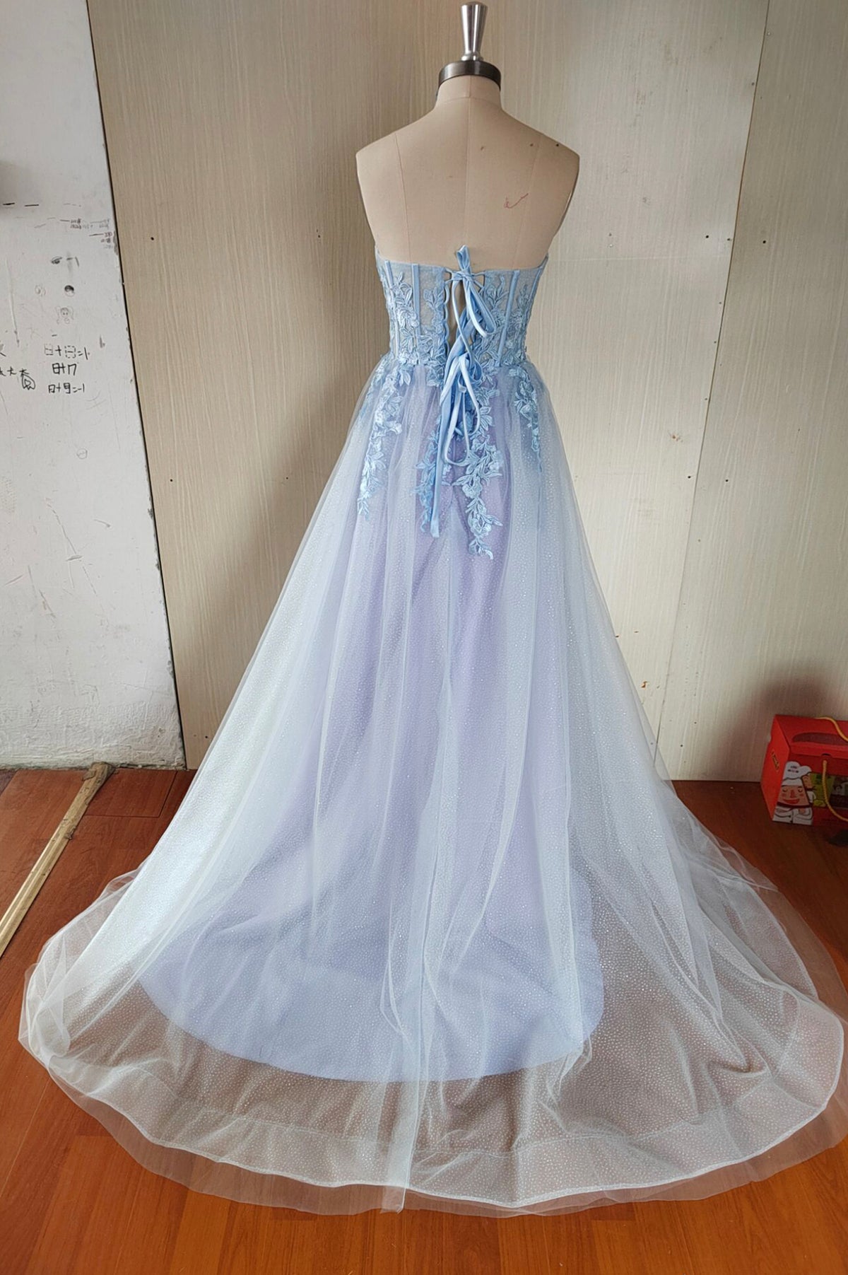 Blue Tulle Lace Long Prom Dress, Blue Strapless Evening Dress with Slit