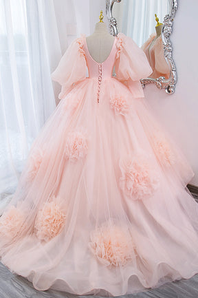 Pink V-Neck Tulle Long Prom Dress, A-Line Puff Sleeve Princess Dress