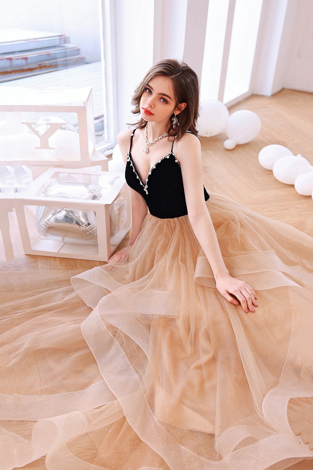 Stylish V-Neck Tulle Layers Long Formal Dress, Cute A-Line Prom Dress