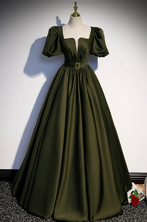 A-Line Satin Long Prom Dress, Dark Green Short Sleeve Evening Graduation Dress