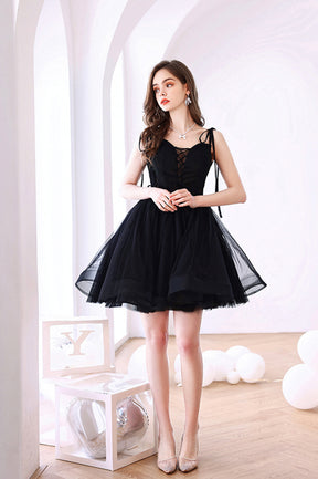 Black Tulle Short Prom Dress, Black V-Neck Homecoming Party Dress