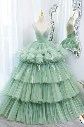 Green Tulle Long A-Line Prom Dress, Green V-Neck Formal Evening Gown