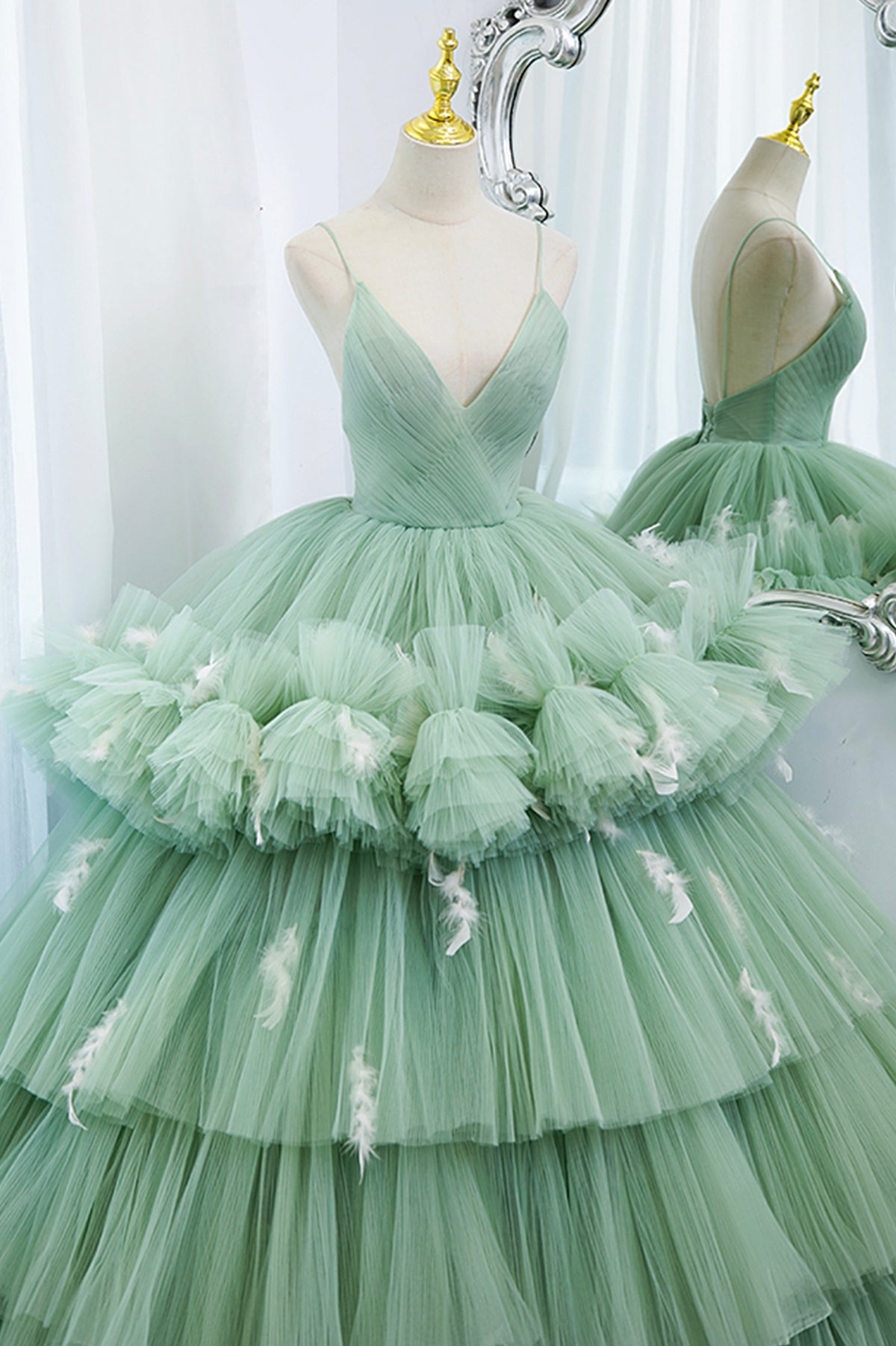 Green Tulle Long A-Line Prom Dress, Green V-Neck Formal Evening Gown