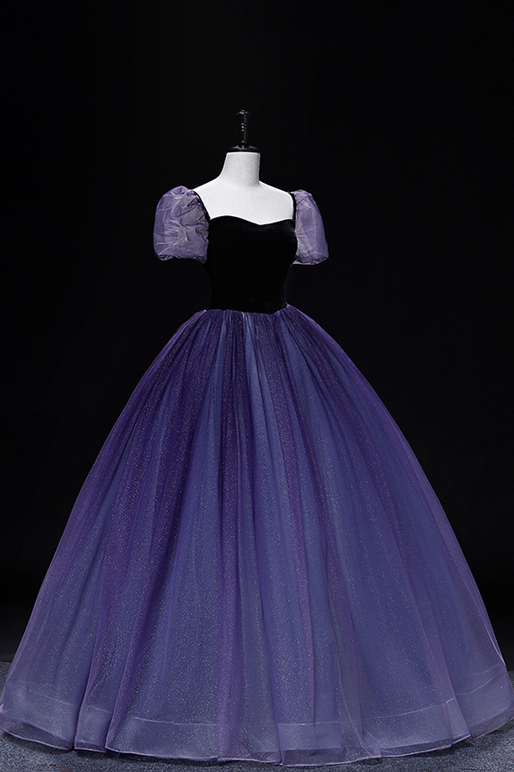 Purple Tulle Long A-Line Prom Dress, Purple Short Sleeve Princess Dress US 4 / Custom Color