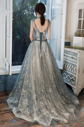 Gray V-Neck Tulle Long Prom Dress with Sequins, A-Line Graduation Dress