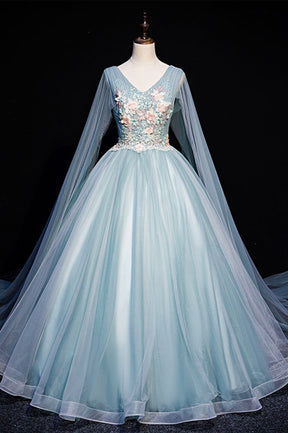 Blue V-Neck Lace Long Prom Dress, Blue A-Line Formal Evening Dress