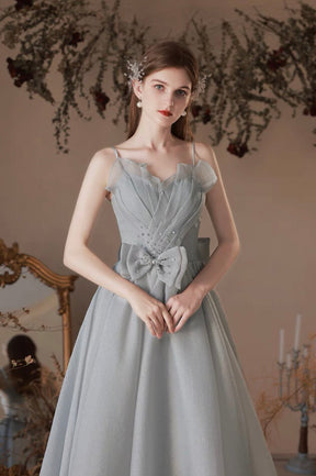 Gray Tulle Long A-Line Prom Dress with Bow, Lovely Graduation Dress