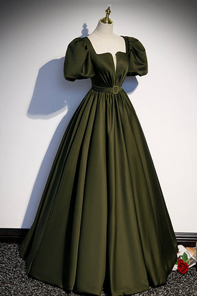 A-Line Satin Long Prom Dress, Dark Green Short Sleeve Evening Graduation Dress