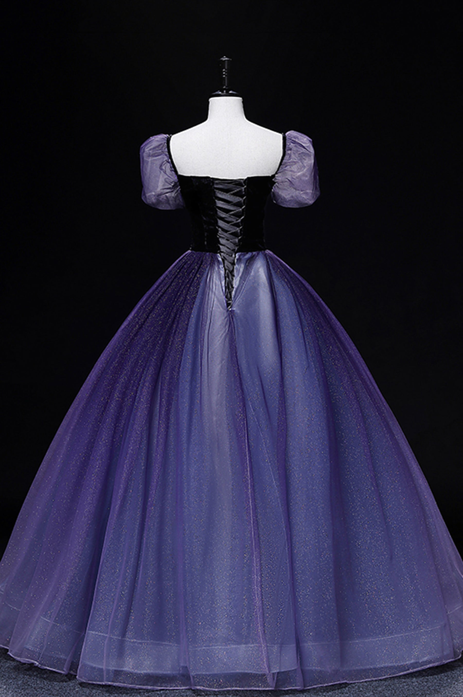 Purple Tulle Long A-Line Prom Dress, Purple Short Sleeve Princess Dress