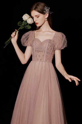 Pink Tulle Long A-Line Prom Dress with Beaded, Cute Short Sleeve Evening Dress