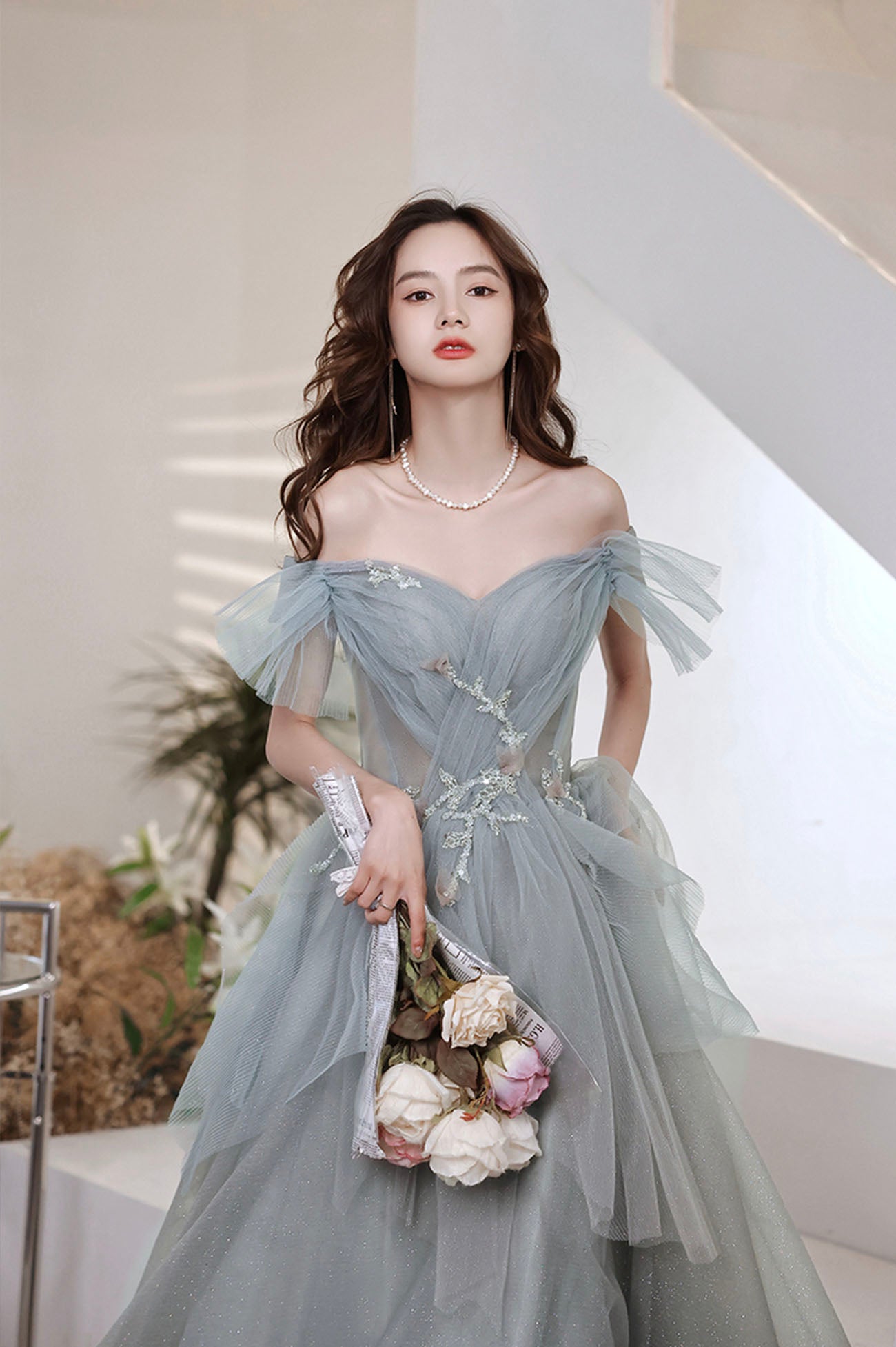 Gray Tulle Long A-Line Prom Dress, Off the Shoulder Evening Party Dress