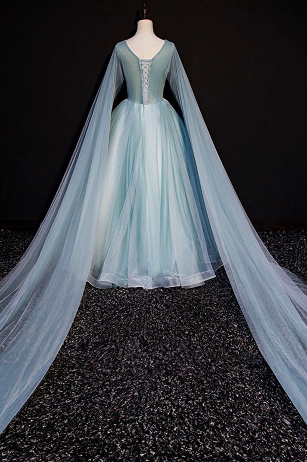 Blue V-Neck Lace Long Prom Dress, Blue A-Line Formal Evening Dress