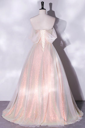 Champagne Sequins Long A-Line Prom Dress, Off the Shoulder Evening Party Dress