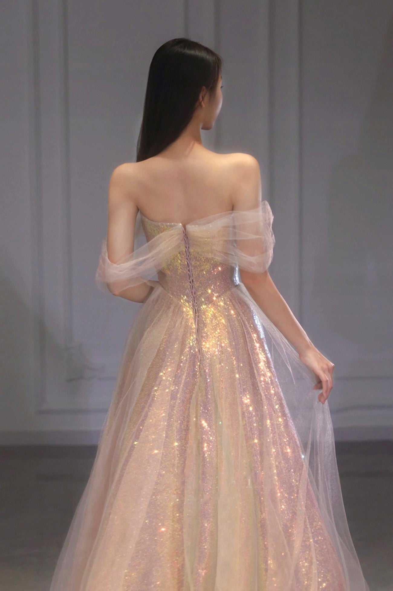 Shiny Tulle Long Prom Dress with Sequins, Off the Shoulder Evening Dress