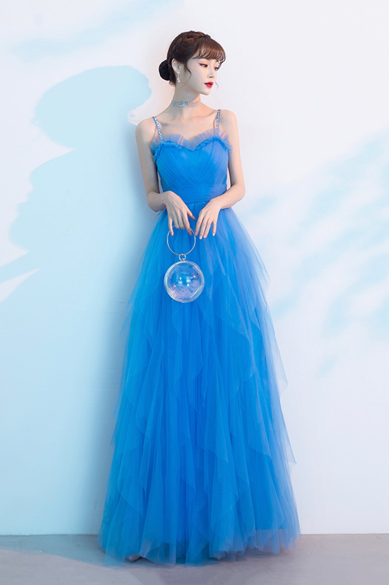 Blue Spaghetti Strap Tulle Long Prom Dress, Cute Blue Evening Party Dress