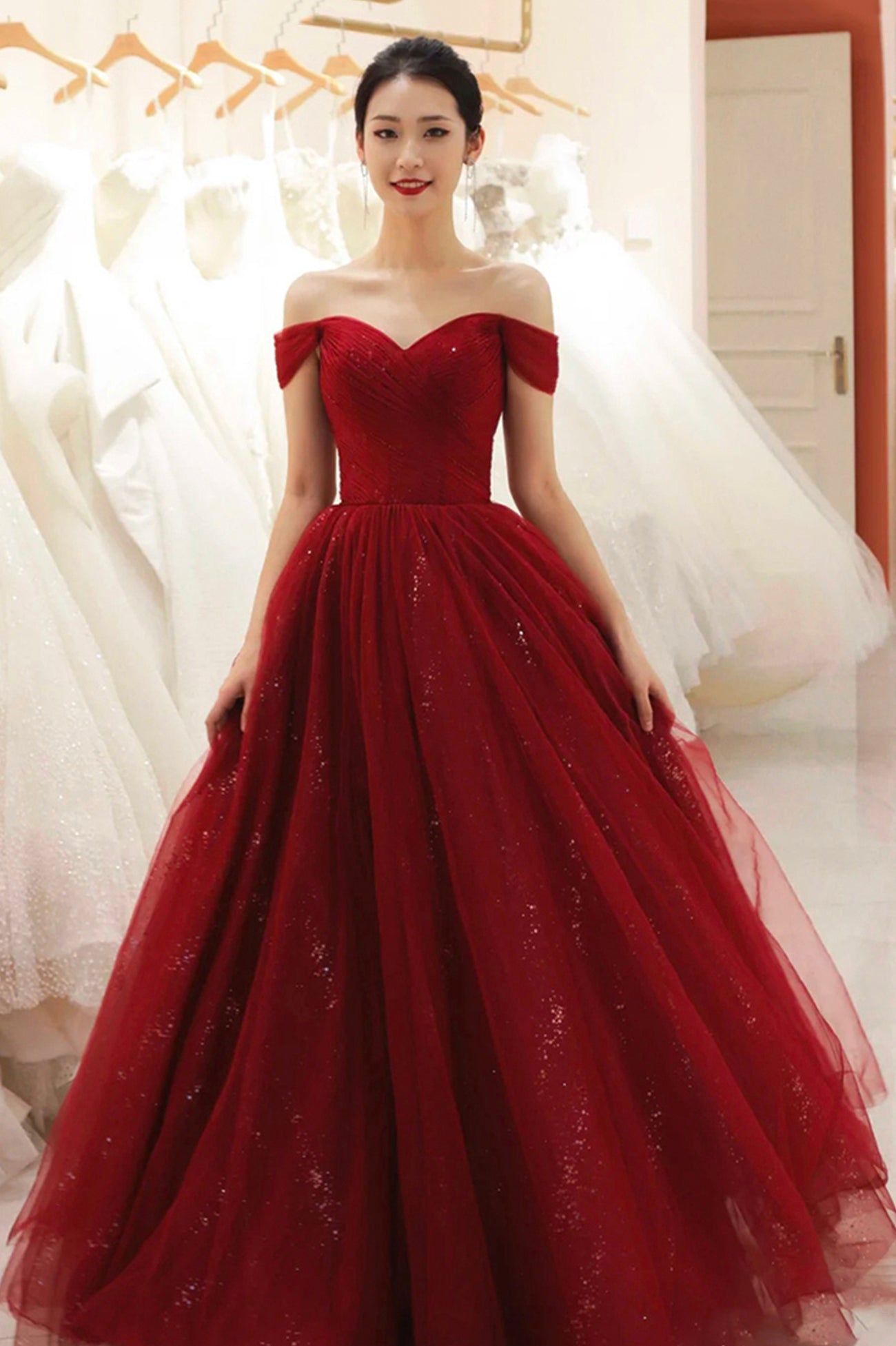 Burgundy Tulle Off the Shoulder Prom Dress, A-Line Formal Evening Dress