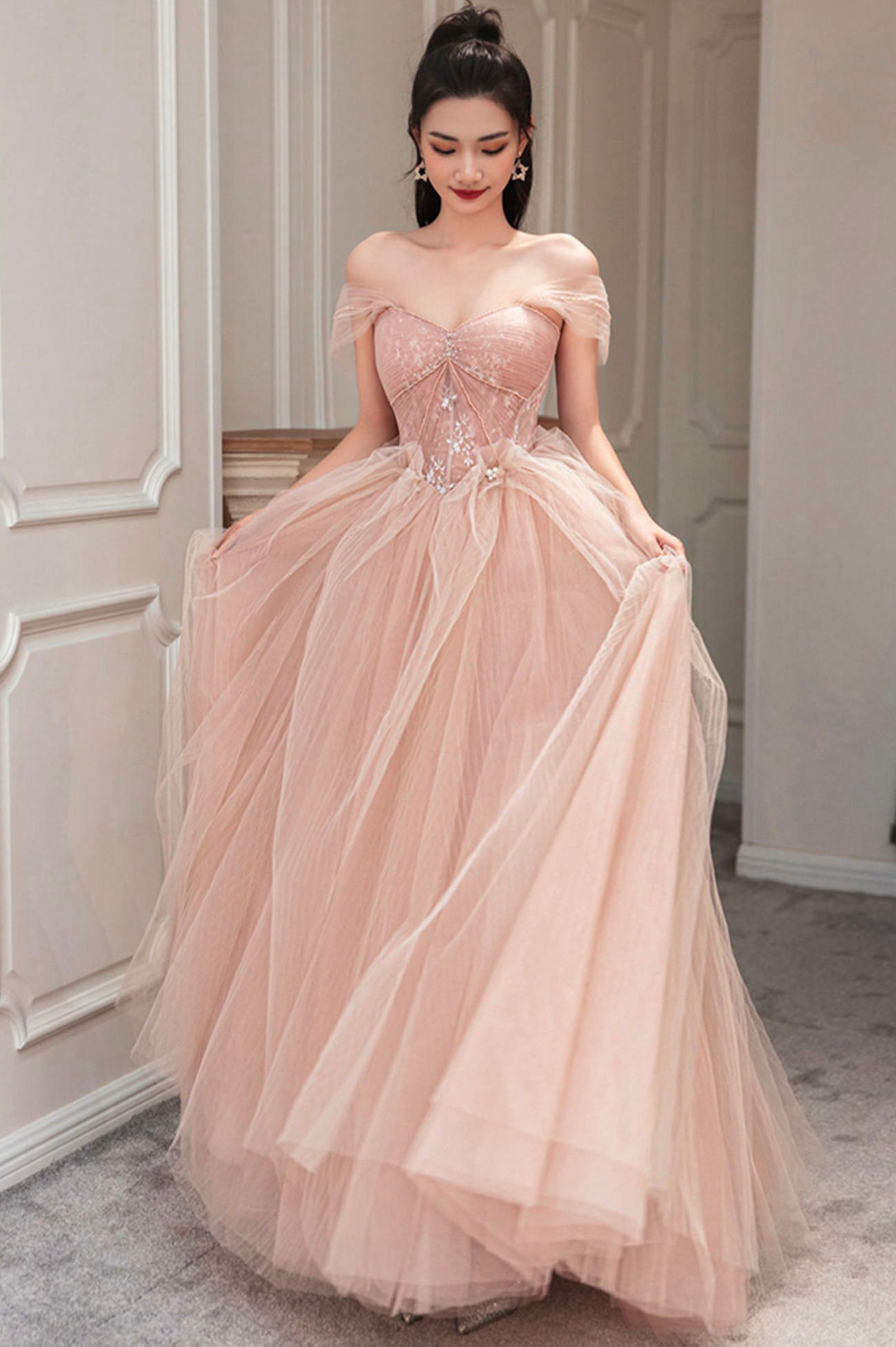 Pink Tulle Long A-Line Prom Dress, Cute Off the Shoulder Graduation Dr Pink Tulle Long A-Line Prom Dress, Cute Off the Shoulder Graduation Dr