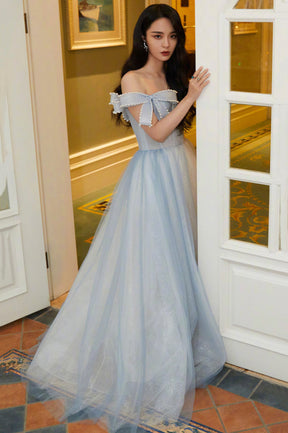 Lovely Bow Tulle Long Prom Dress,  A-Line Blue Evening Graduation Dress
