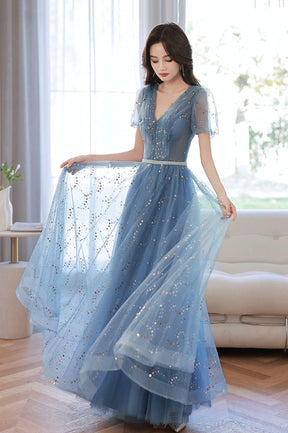 Blue V-Neck Tulle Sequins Long Prom Dress, A-Line Evening Party Dress