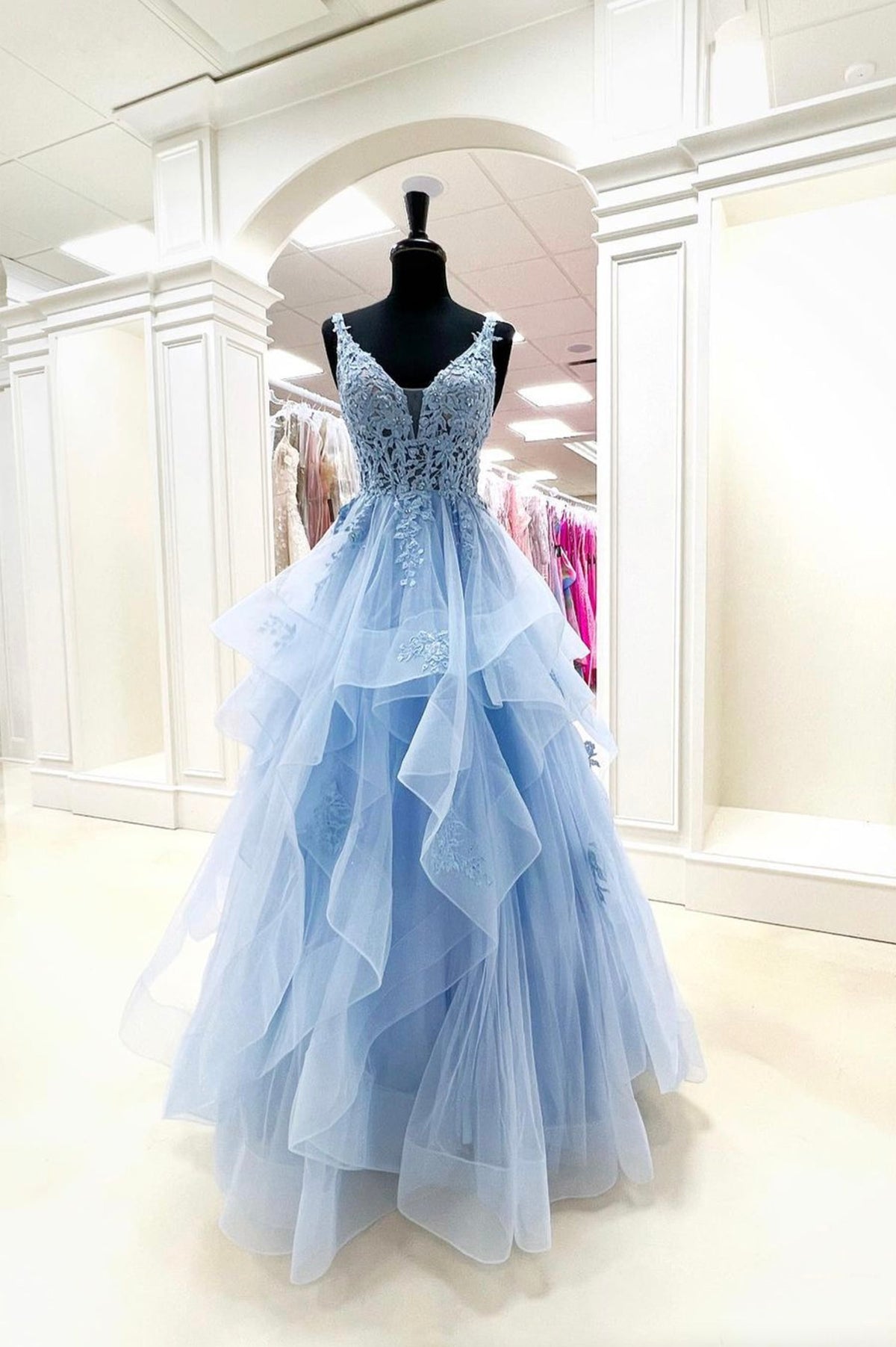 Blue V-Neck Lace Long Prom Dress, Blue Tulle Layers Formal Evening Dress