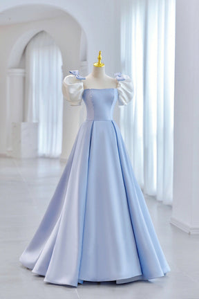 Blue Satin Long A-Line Prom Dress, Lovely Short Sleeve Formal Evening Dress