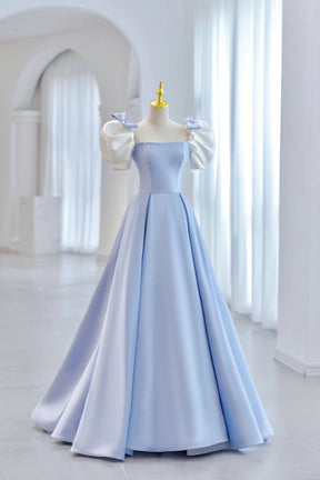 Blue Satin Long A-Line Prom Dress, Lovely Short Sleeve Formal Evening Blue Satin Long A-Line Prom Dress, Lovely Short Sleeve Formal Evening