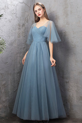 Blue Tulle Long A-Line Prom Dress, Simple Blue Evening Bridesmaid Dress