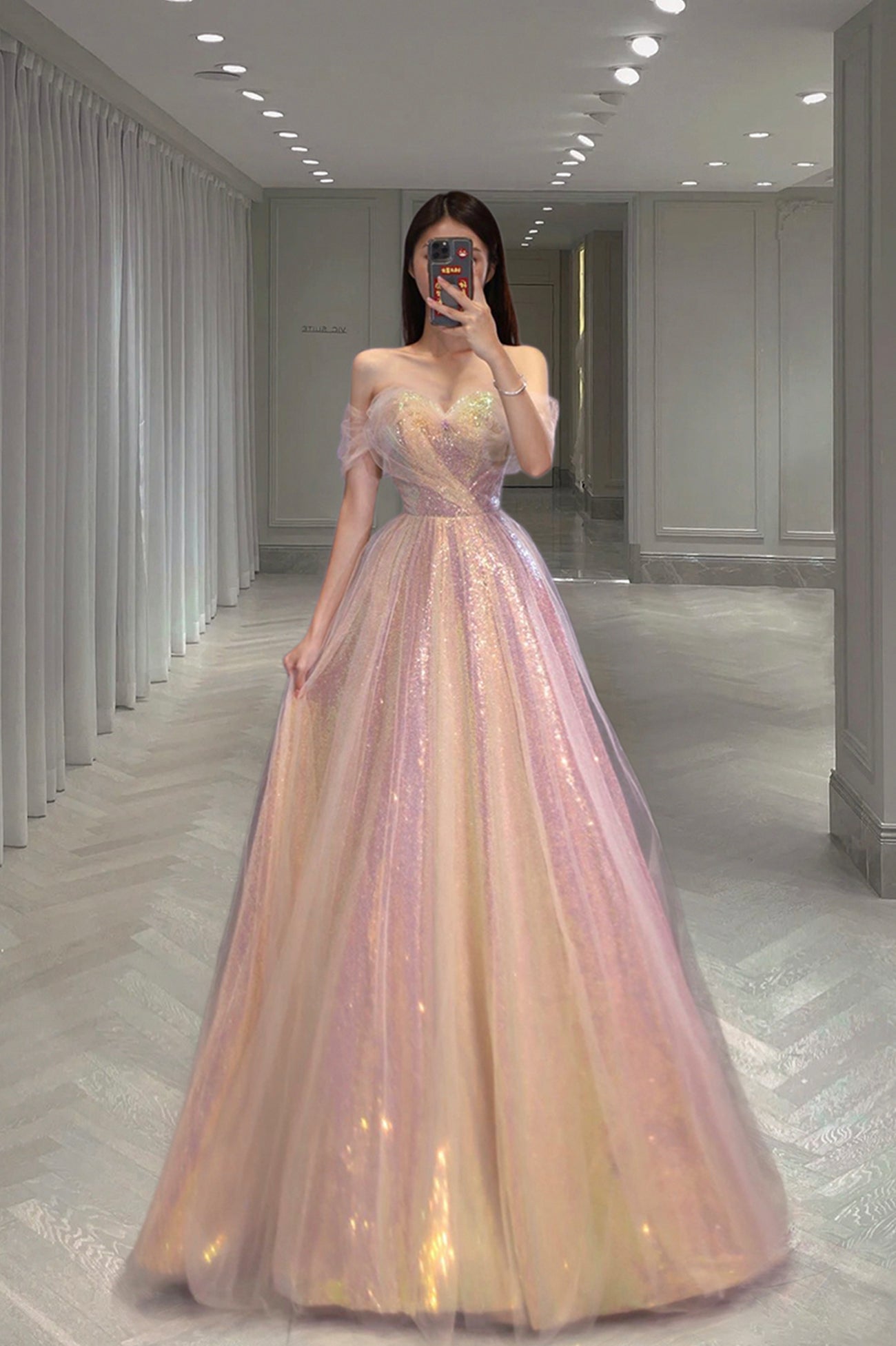 Shiny Tulle Long Prom Dress with Sequins, Off the Shoulder Evening Dress