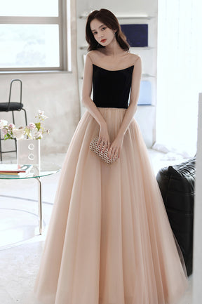 Elegant Tulle Long A-Line Prom Dress, Champagne Scoop Neckline Evening Dress
