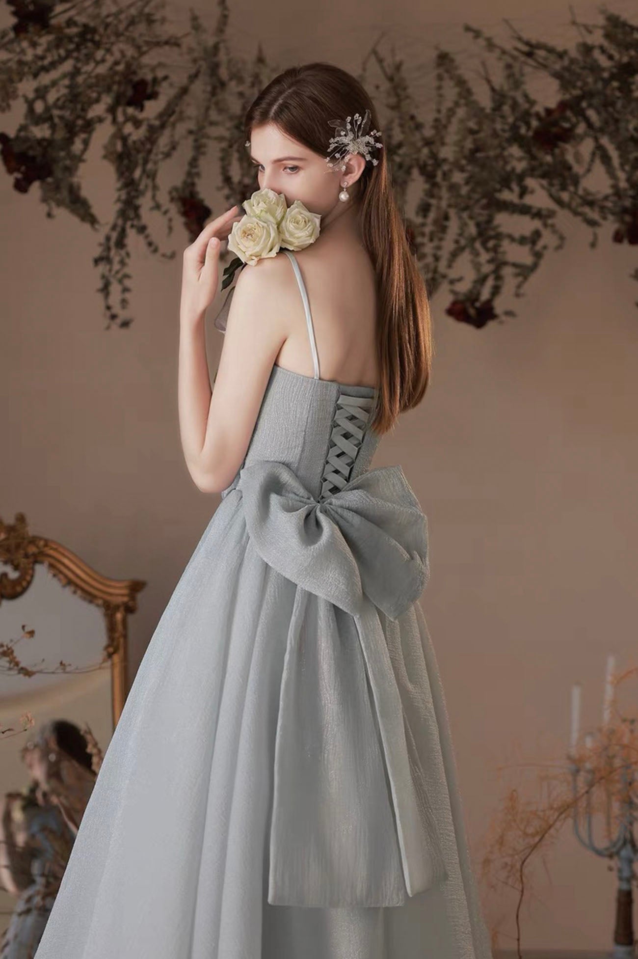 Gray Tulle Long A-Line Prom Dress with Bow, Lovely Graduation Dress