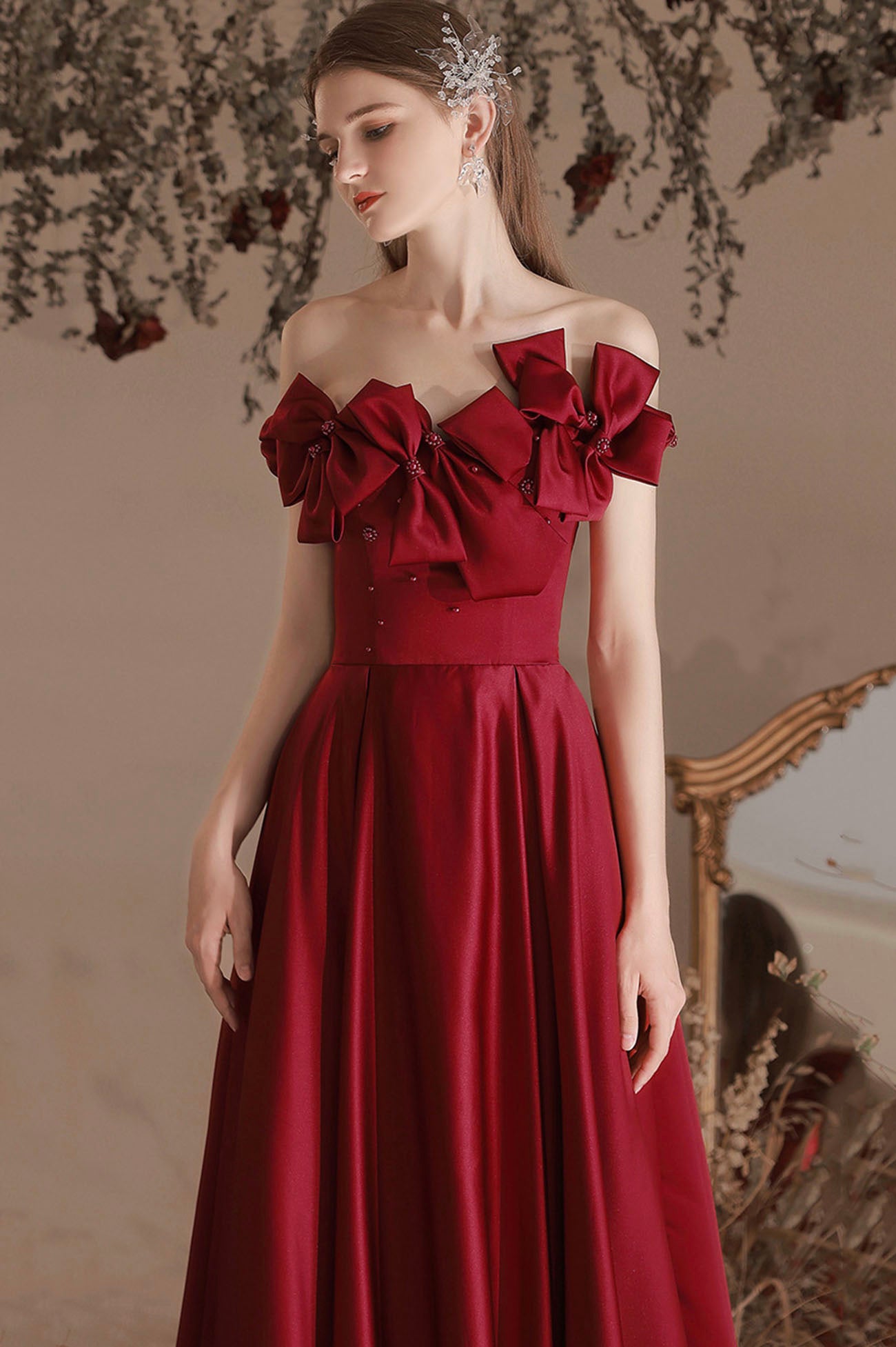 Burgundy Satin Long A-Line Prom Dress, Off the Shoulder Evening Dress with Bow