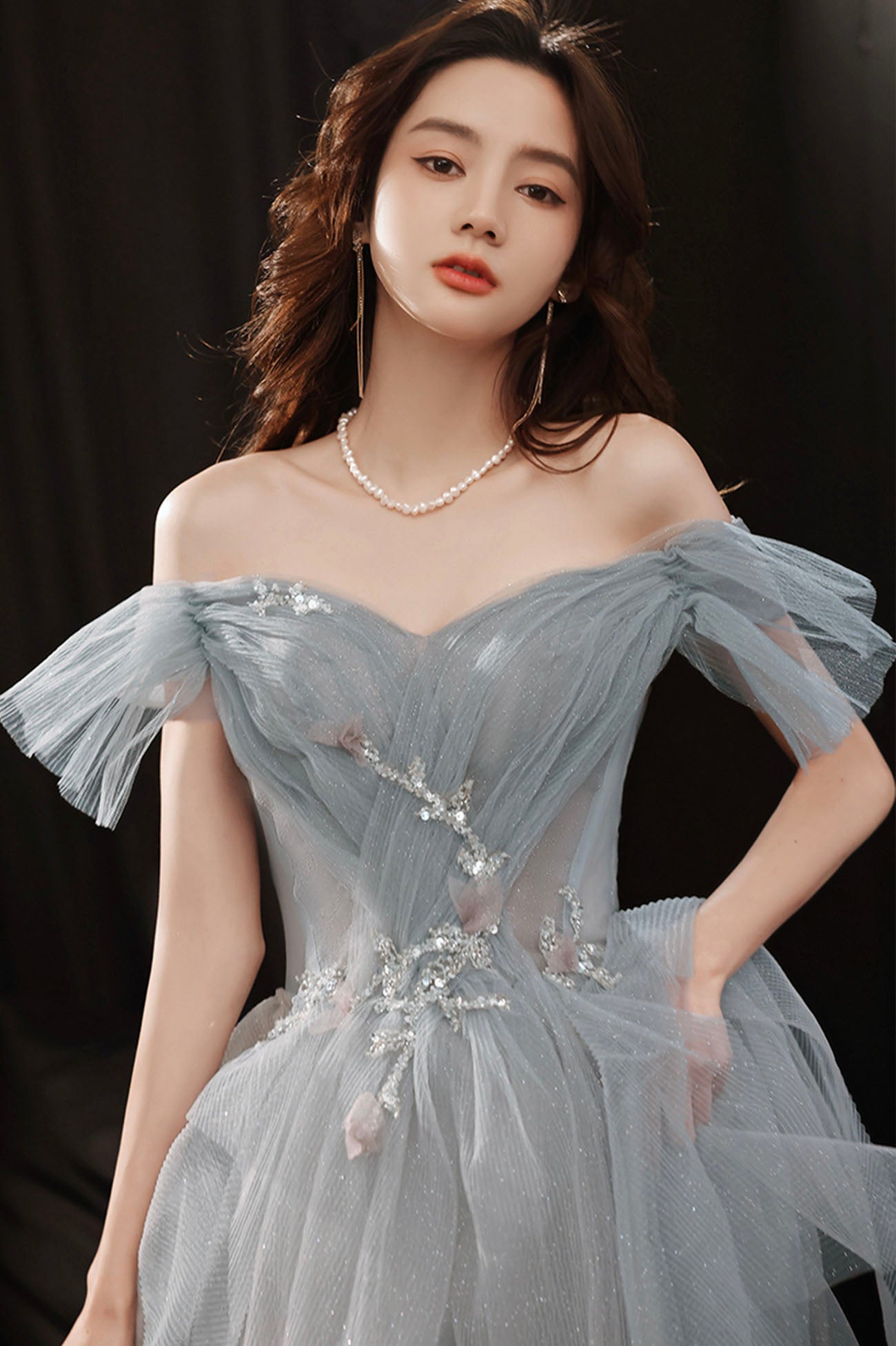 Gray Tulle Long A-Line Prom Dress, Off the Shoulder Evening Party Dress
