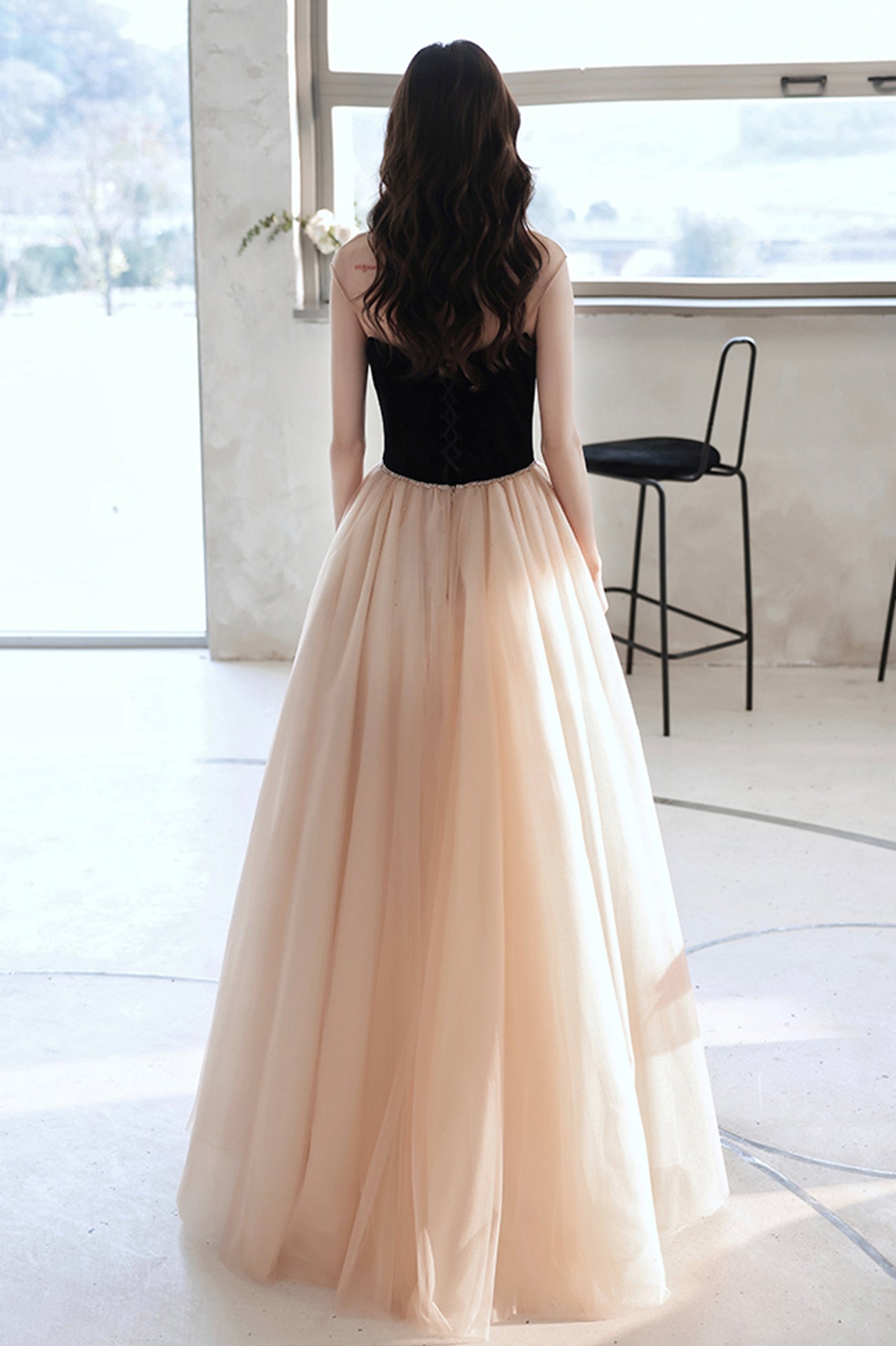 Elegant Tulle Long A-Line Prom Dress, Champagne Scoop Neckline Evening Elegant Tulle Long A-Line Prom Dress, Champagne Scoop Neckline Evening
