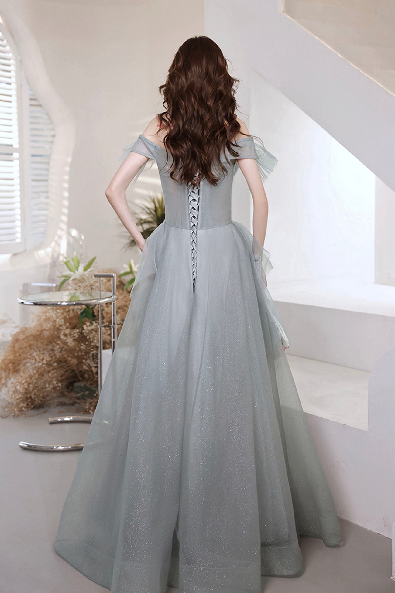 Gray Tulle Long A-Line Prom Dress, Off the Shoulder Evening Party Dres