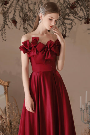 Burgundy Satin Long A-Line Prom Dress, Off the Shoulder Evening Dress with Bow