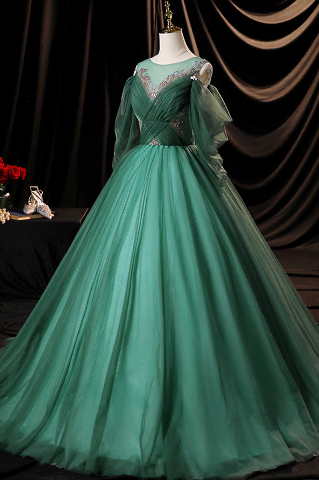 Green Scoop Neckline Tulle Formal Evening Dress, A-Line Long Sleeve Prom Dress