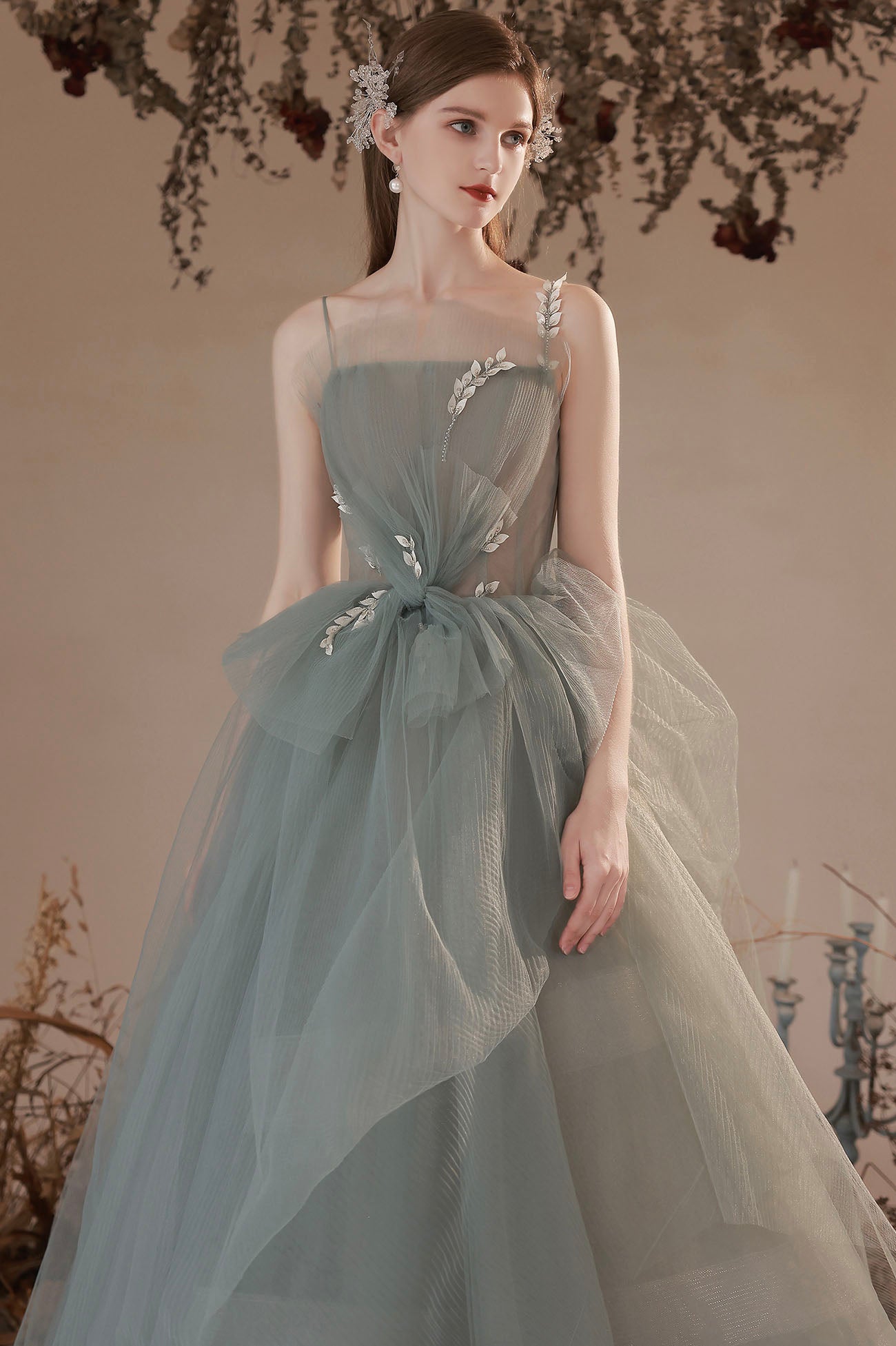 Light Green Tulle with Lace Long Prom Dress, Green Evening Party Dress