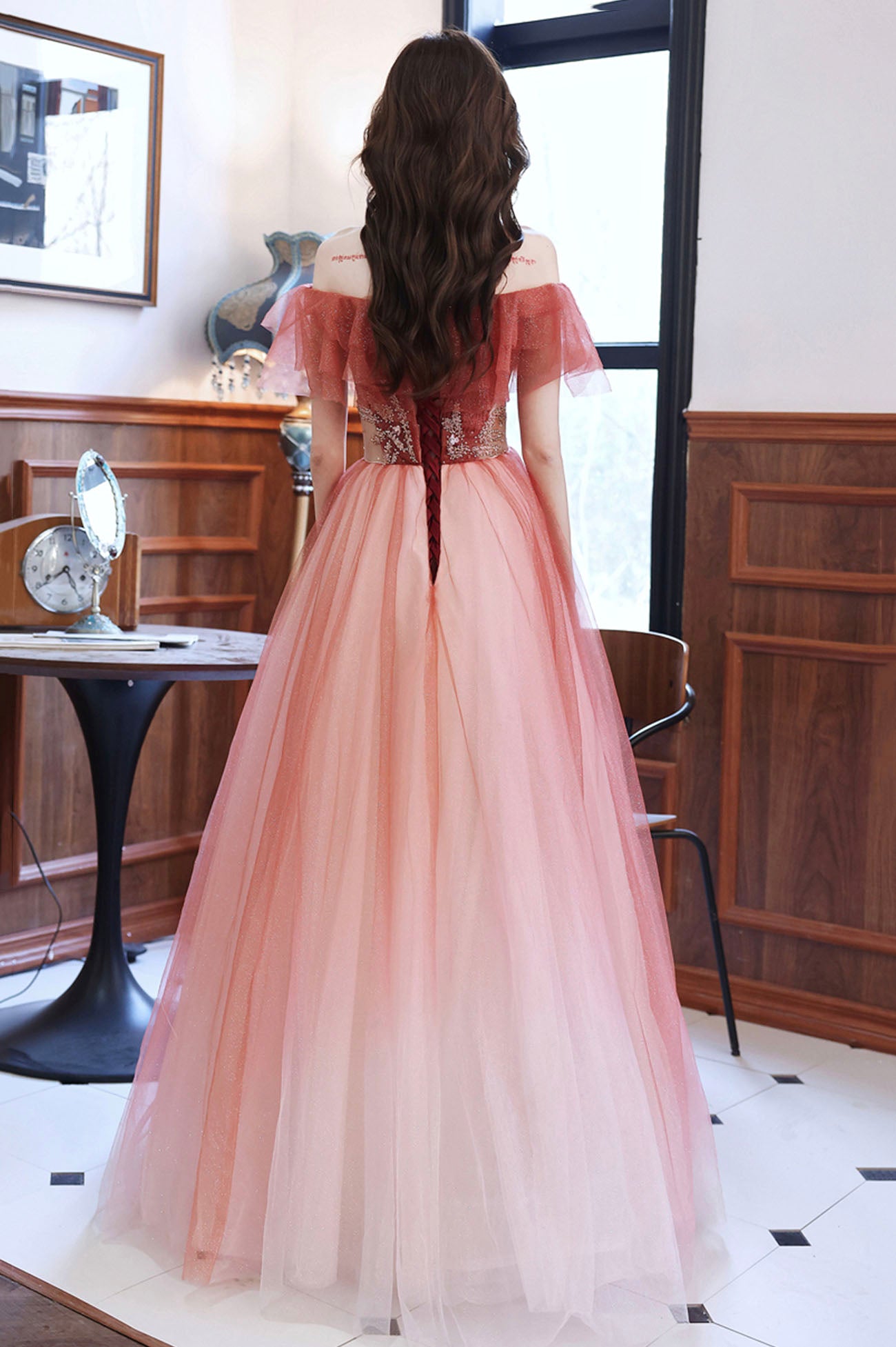 Burgundy Tulle Long A-Line Prom Dress, Off the Shoulder Graduation Dress