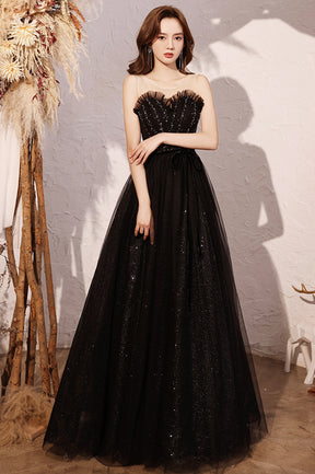 Black Scoop Neckline Tulle Long Prom Dress, A-Line Evening Party Dress