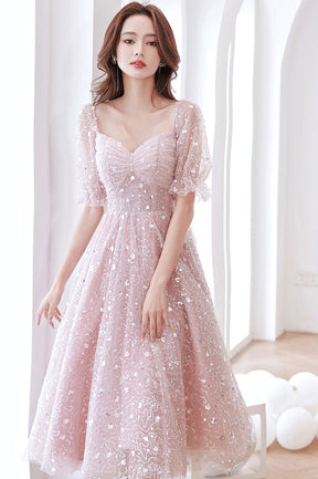 Pink Tulle Sequins Short A-Line Prom Dress, Cute Short Sleeve Evening Party Dress