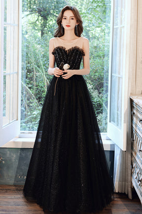 Black Scoop Neckline Tulle Long Prom Dress, A-Line Evening Party Dress