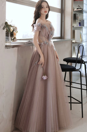 Pink Tulle Long A-Line Prom Dress, Off the Shoulder Evening Party Dress