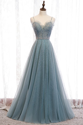 A-Line Spaghetti Straps Tulle Beaded Long Prom Dress, Cute Evening Party Dress