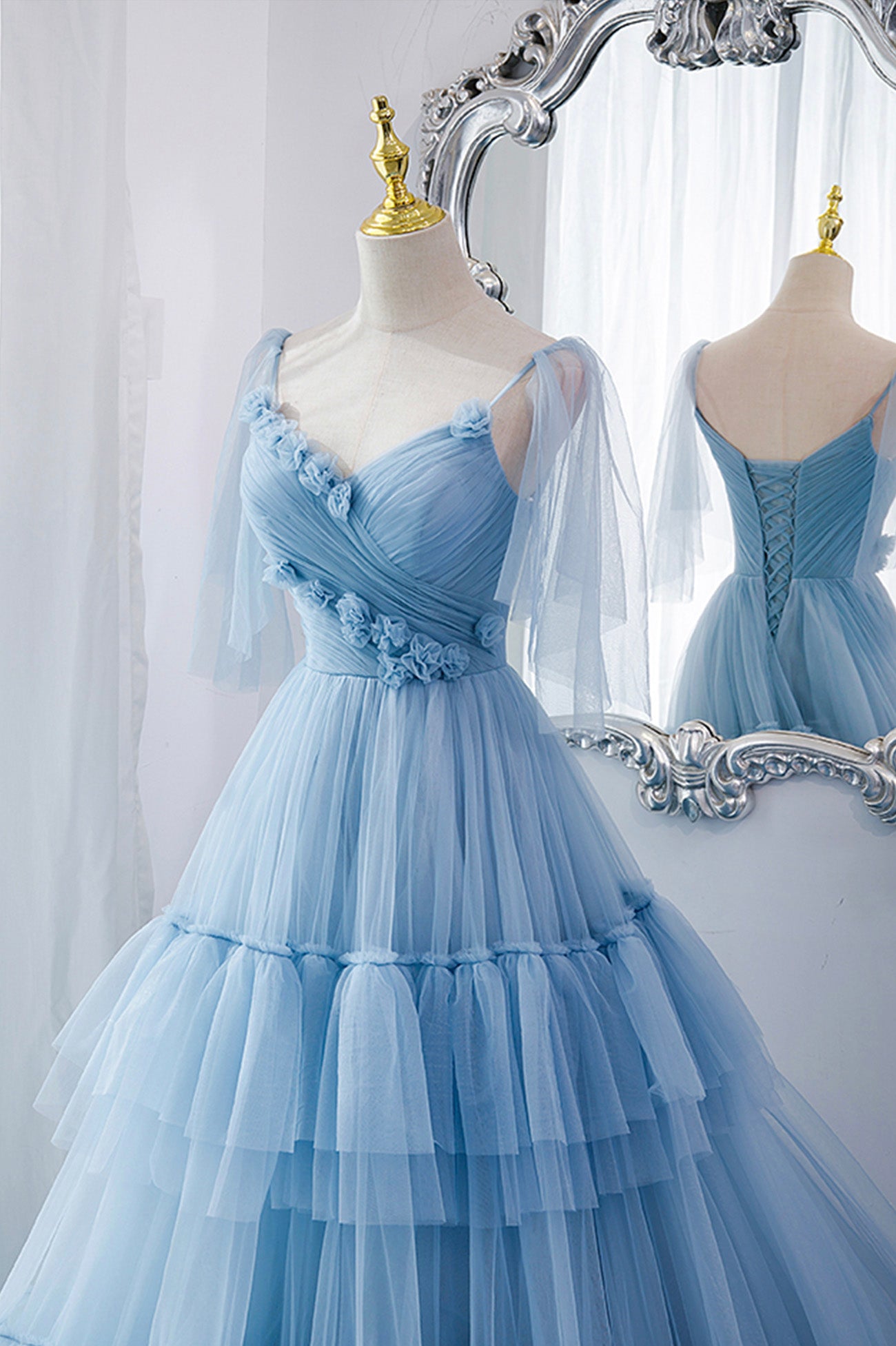Blue V-Neck Tulle Long Prom Dress, A-Line Evening Party Dress Blue V-Neck Tulle Long Prom Dress, A-Line Evening Party Dress